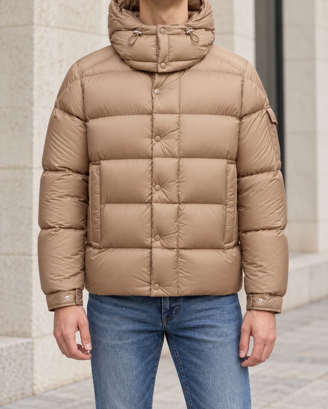 Moncler Verzere Jas - Licht Bruin — gedragen lifestylefoto — ROVARO foto 2 143e3918037cbd52