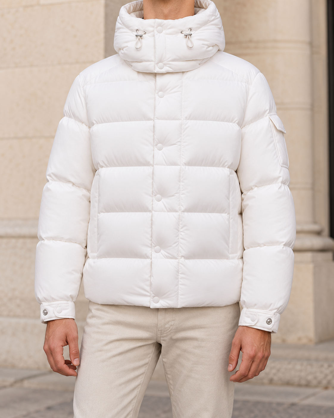 Moncler Verzere Jas - Wit — gedragen lifestylefoto — ROVARO foto 2 9e25cdca7b41f0cf